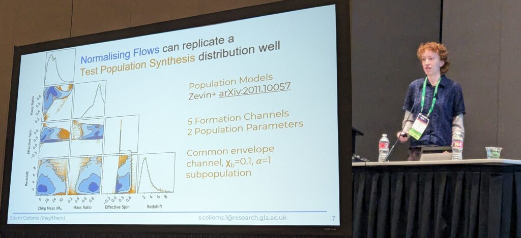 Slide from Storm's talk, showing how normalizing flows replicate test population synthesis distributions, and a photo of Storm presenting