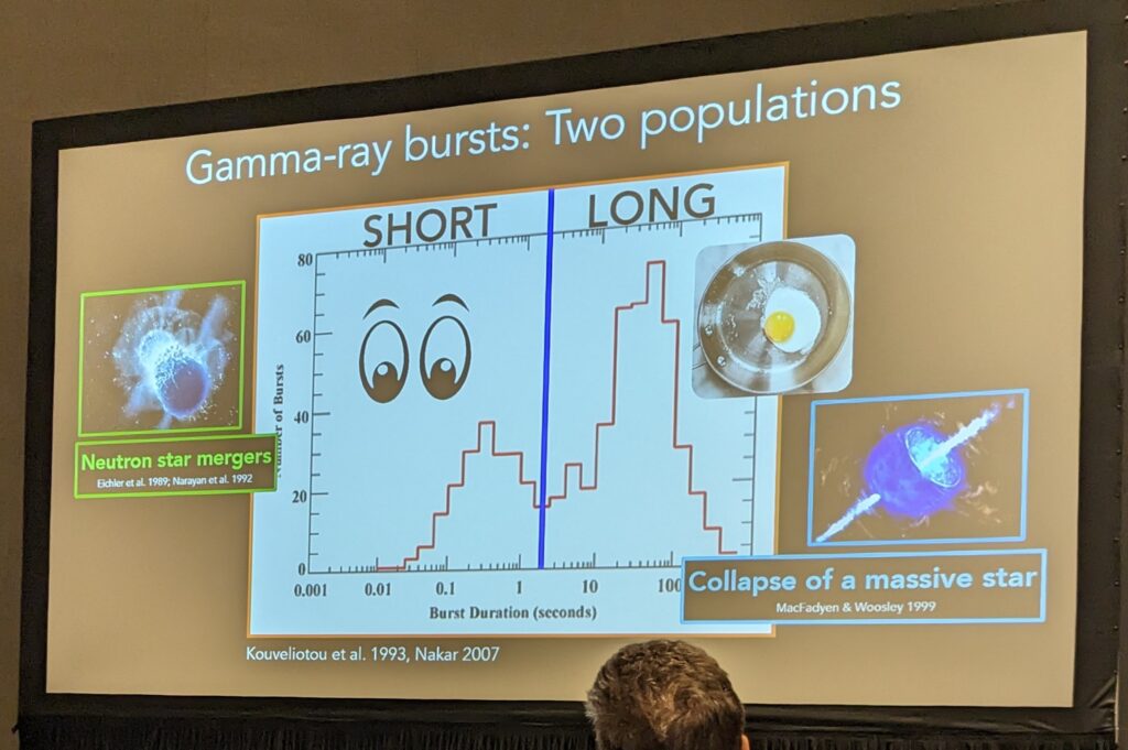 Slide from Dr. Fang's talk, showing the histogram of gamma-ray bursts and the two types (short and long)
