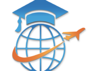Clip art of a globe with a graduate cap, with an aeroplane flying around it