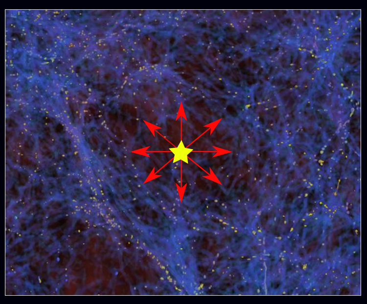 An image showing a void in a galaxy simulation of the Cosmic Web. A star indicates an observer in a void.