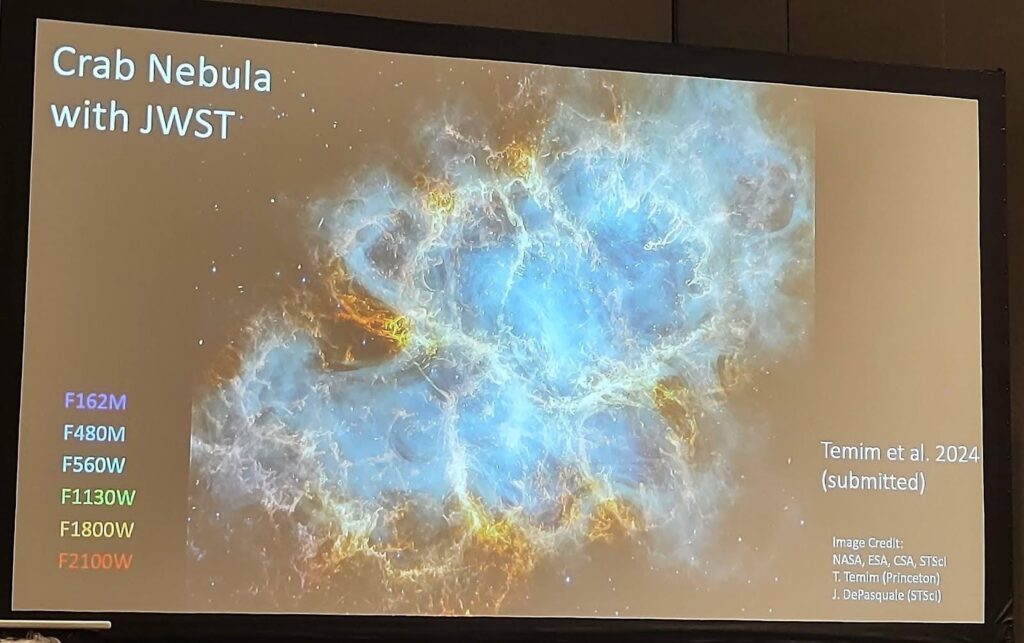 Slide from Dr. Temim's talk, with a photo of the crab nebula with JWST