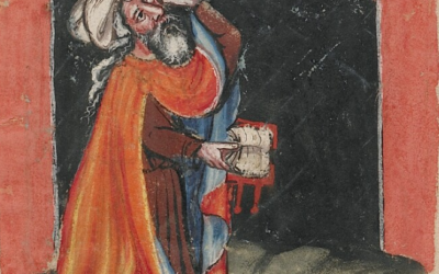 A medieval manuscript illustration depicting a man in long orange robes and a white turban gazing up at the night sky and holding a book.