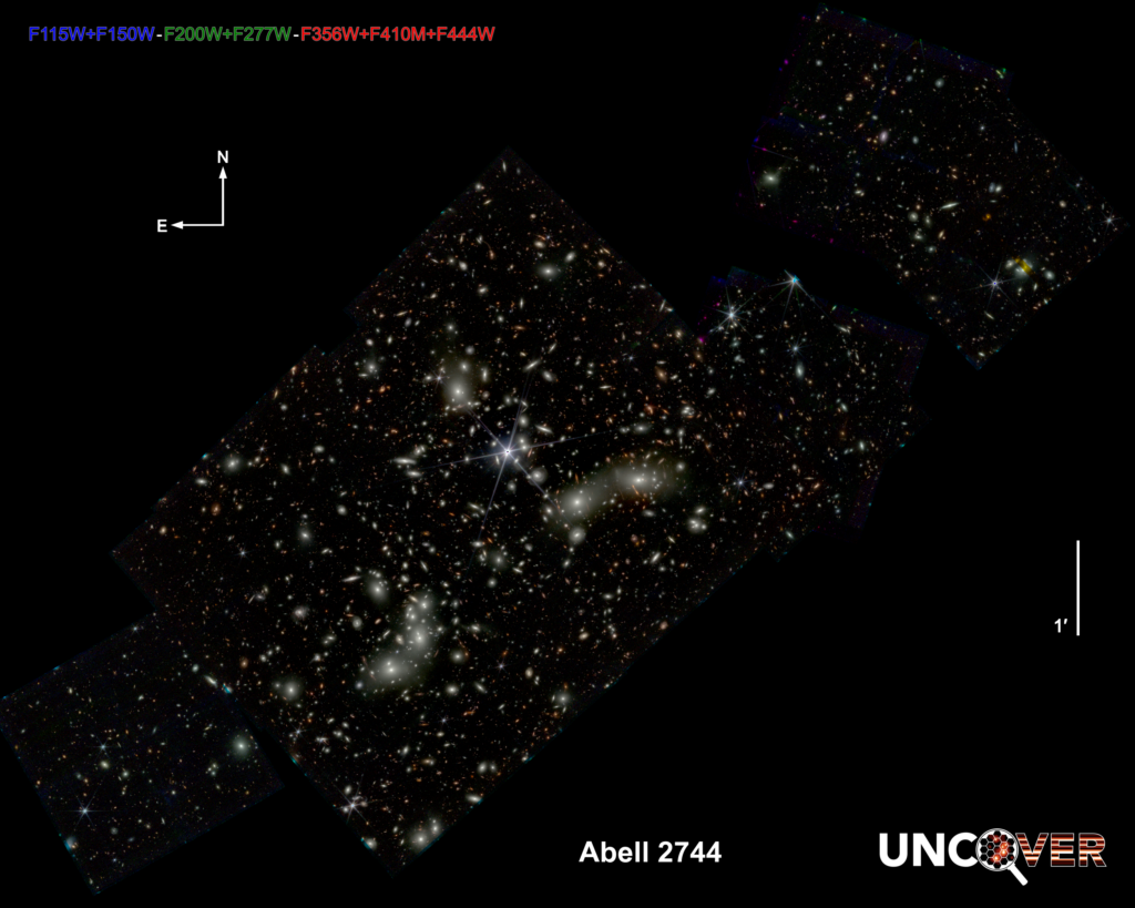 The UNCOVER image of the Abell 2744 cluster. There are many galaxies visible in the image as part of the cluster.