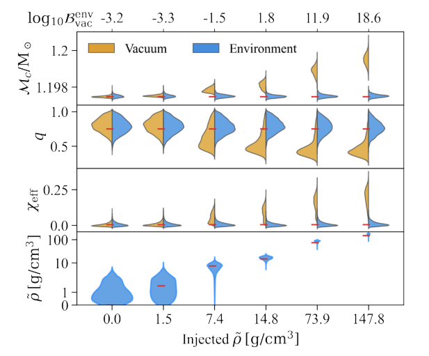 The plot is split four ways in the y-axis one for each of the recovered parameters. Each plot has 6 simulated environment densities spanning from 0 - 147.8 g/cm^3. At each density value on the plot each recovered parameter has two probability distributions reflected over the vertical axis aligning with the injected environmental density. On the right is the distribution for vacuum and on the left is the distribution for the DF effect at the recovered environmental density.  For all of the parameters, the vacuum model struggles to estimate the injected parameter value at environment densities higher than 1.5 g/cm^3 while the DF effect model consistently recovers the injection parameter value at all environment densities.