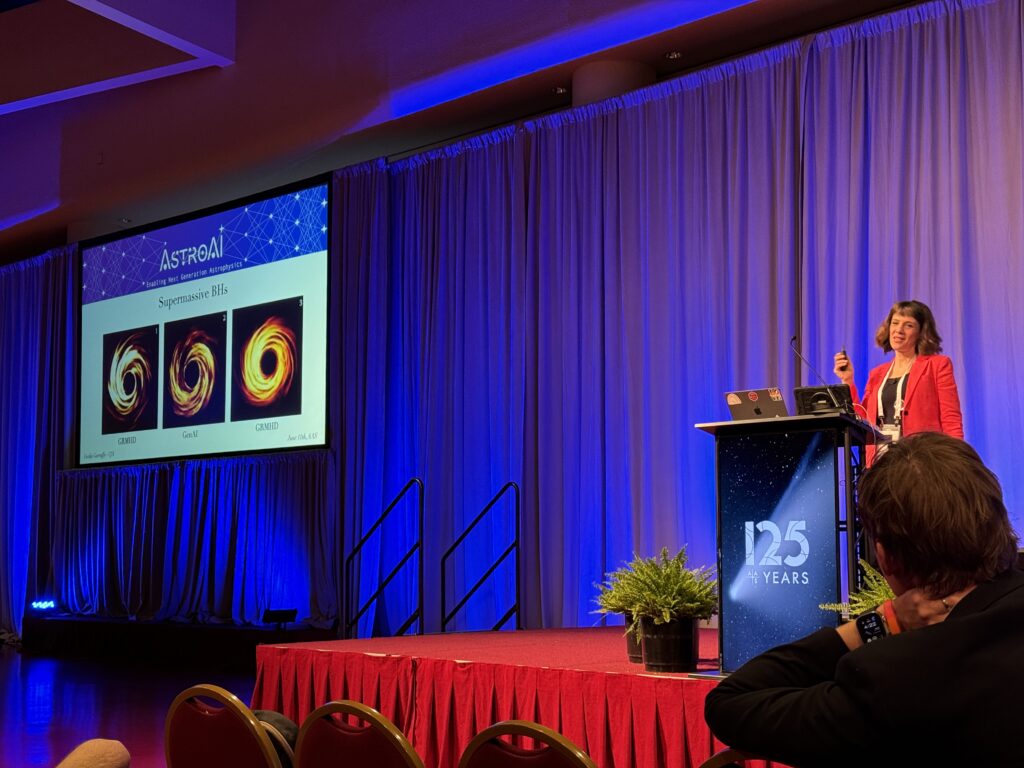 A slide from Cecilia Garraffo's presentation showing two images of a black hole that were generated by simulation and one image that was generated from ML methods. Garraffo is illustrating that the human eye is not well-suited to distinguish between these cases.