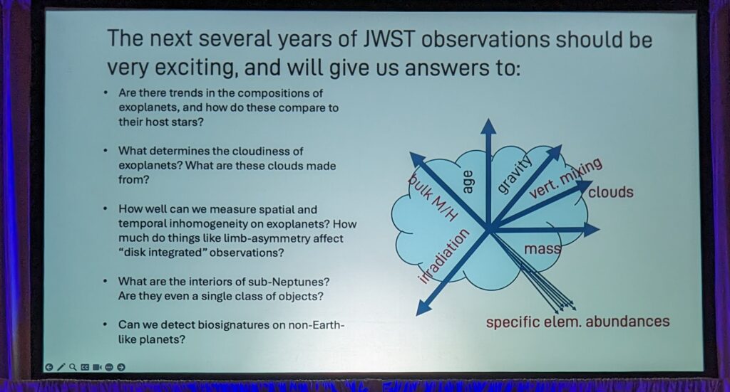 slide describing what we could learn using JWST observations in the near future, and a graphic with properties of exoplanets that should be included in their classifications, including age, gravity, clouds, mass, irradiation, bulk metalicity, and mixing.