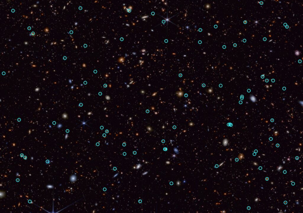 Space telescope image showing hundreds of objects of different colors, shapes, and sizes scattered across the black background of space. There are small red blobs; larger, fuzzy white or blueish ball-shaped masses with bright centers; white, pink, or blue disc shapes; clear spiral structures; and barely discernible specs. Eighty-three of the smaller objects in the image are circled in green. Some of the circles are close together; some are far apart; some overlap. There is no apparent pattern in the distribution.