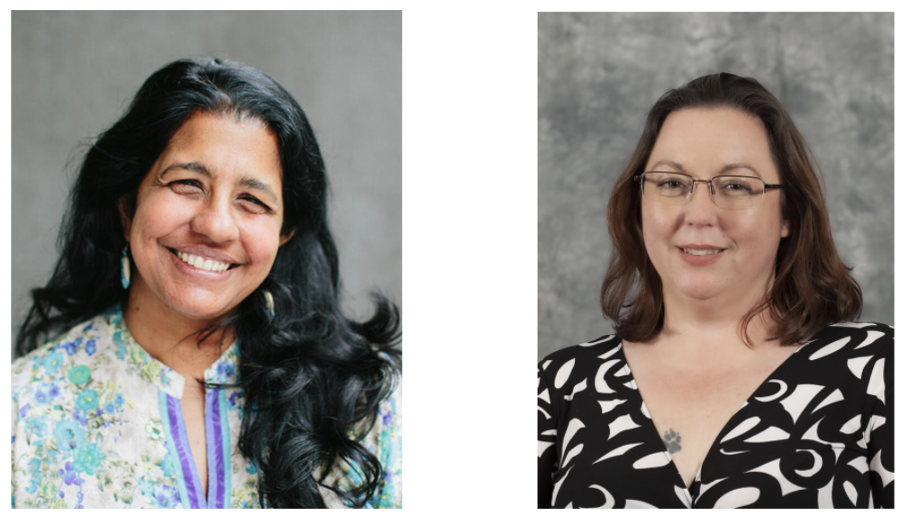 The image has the two co-chairs of COMPASSE as described in the article and image caption. Left: Image of woman in a flowery top with blue and purple hues on a grey background-- Dr. Aparna Venkatesan. Right: Image of woman in a black and white top and has glasses, also on a grey backgrounf-- Dr. Teznie Pugh