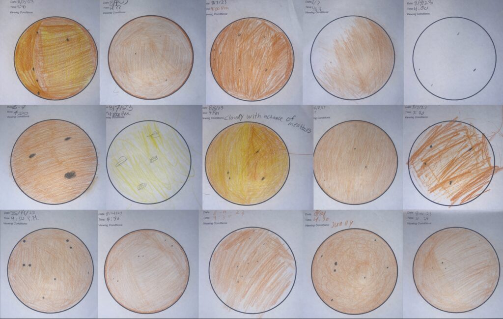 Drawings of Sun made by students as seen through the telescope.