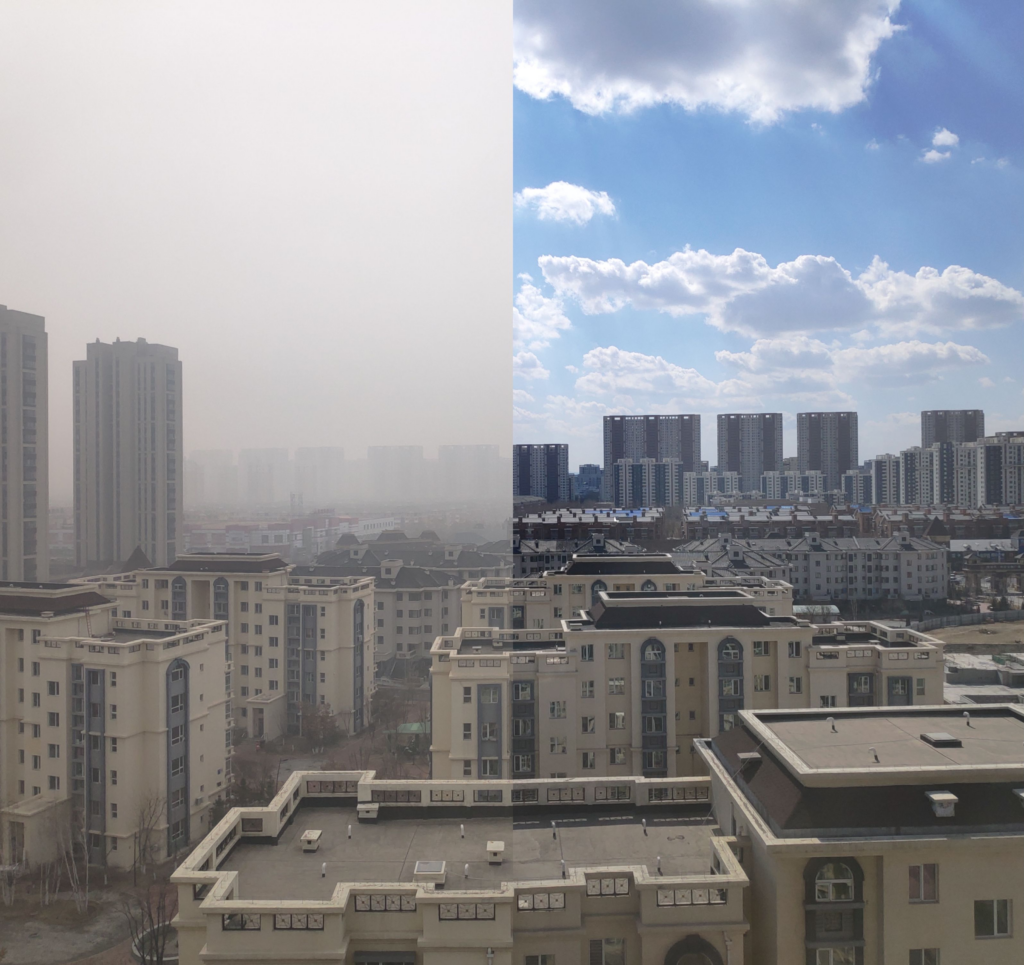 A composite image of skyscrapers and apartment buildings in Fanhe, China. The left side of the image shows thick smog and low visibility, while the right side shows clear blue sky.