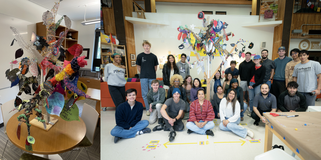 Students sitting beside the growing astro sequoia art tree