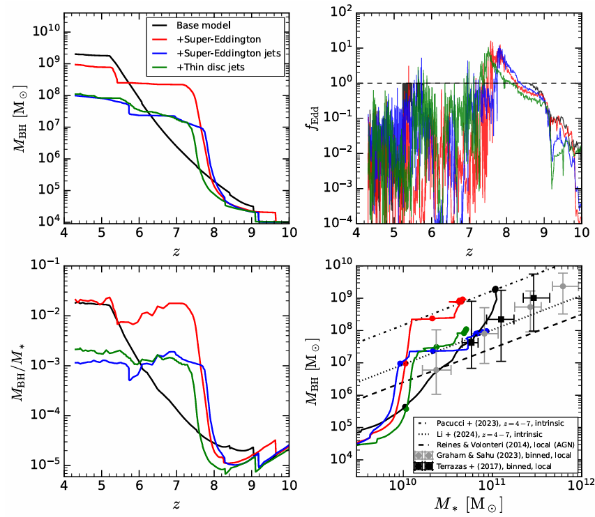Plots showing the growth of the supermassive black hole and its host galaxy over time, with different colors representing different models. The top left panel shows the black hole growth; the top right panel shows its accretion rate; and the bottom panels show different representations of the growth of the black hole and stars in the galaxy.
