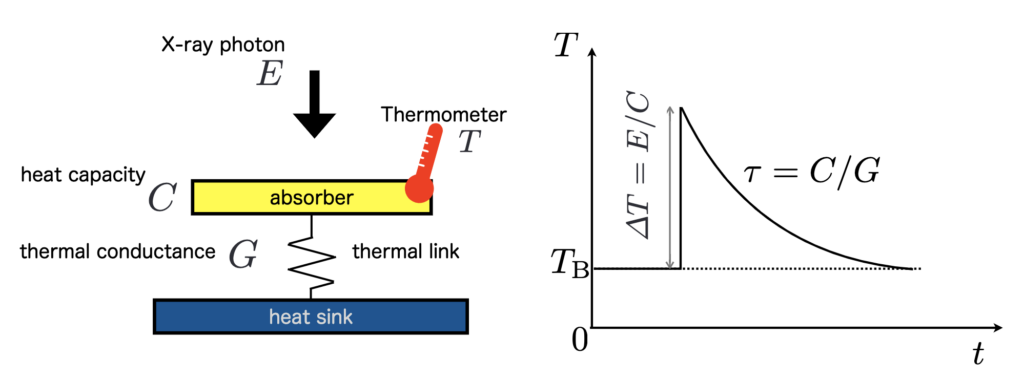 Schematic showing how a microcalorimeter works. The left shows an incoming photon hitting an absorber with heat capacity C, and the right shows the resulting temperature pulse that relates the energy of the photon to the temperature change.