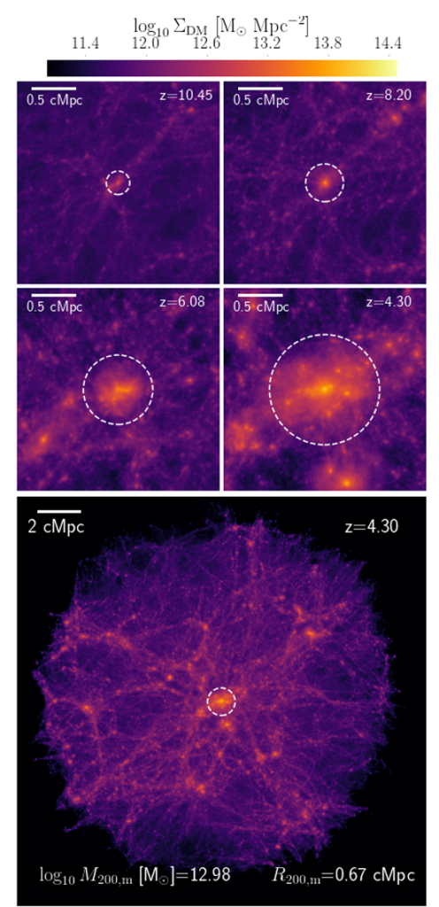 Visualizations of a growing dark matter halo at different times in its evolution. The bottom panel shows the halo within the larger simulation volume.