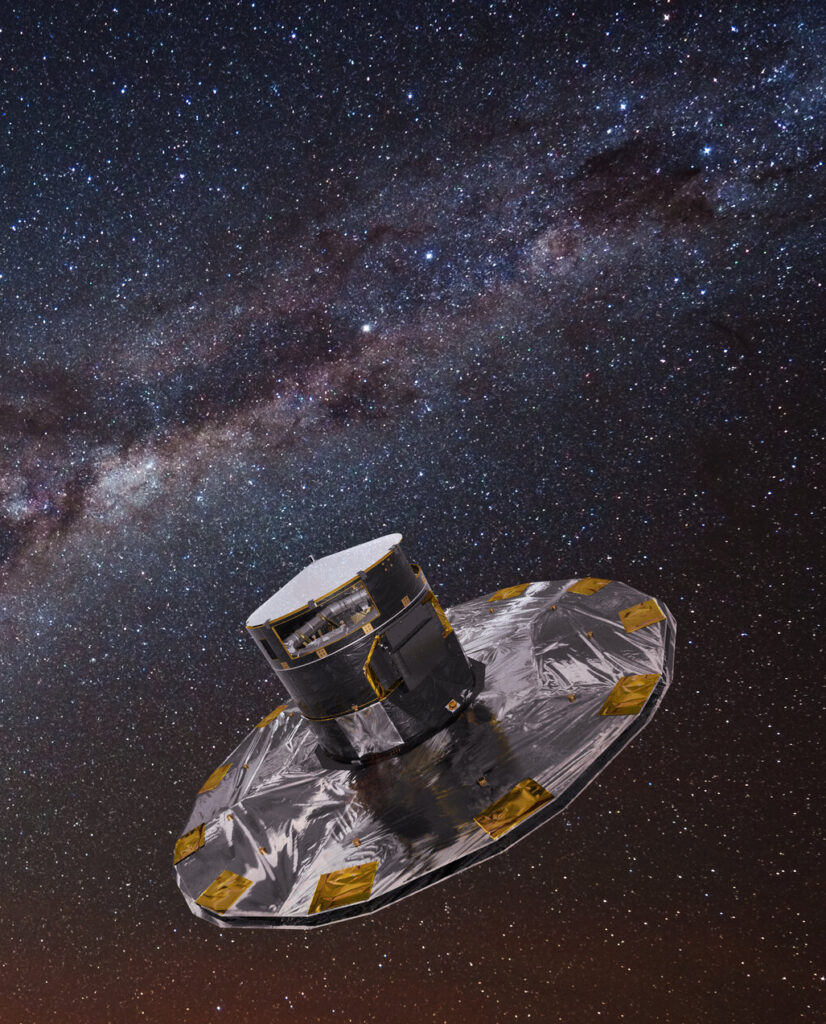 Space telescope (Gaia) in front of a starry sky and the Milky Way galaxy's bright central band.