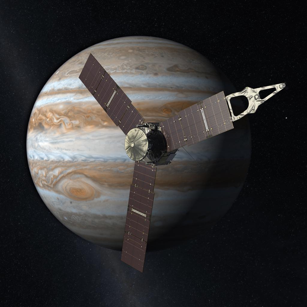 A spacecraft with large solar panels (Juno) hovers in space with the Jupiter in the background. The cloud bands and the giant red spot is seen on Jupiter.