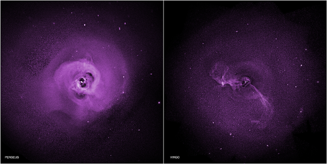 Galaxy clusters as viewed in X-ray. A purple circular haze with starry specks in the background, with two outflows (also purple) coming from the central region