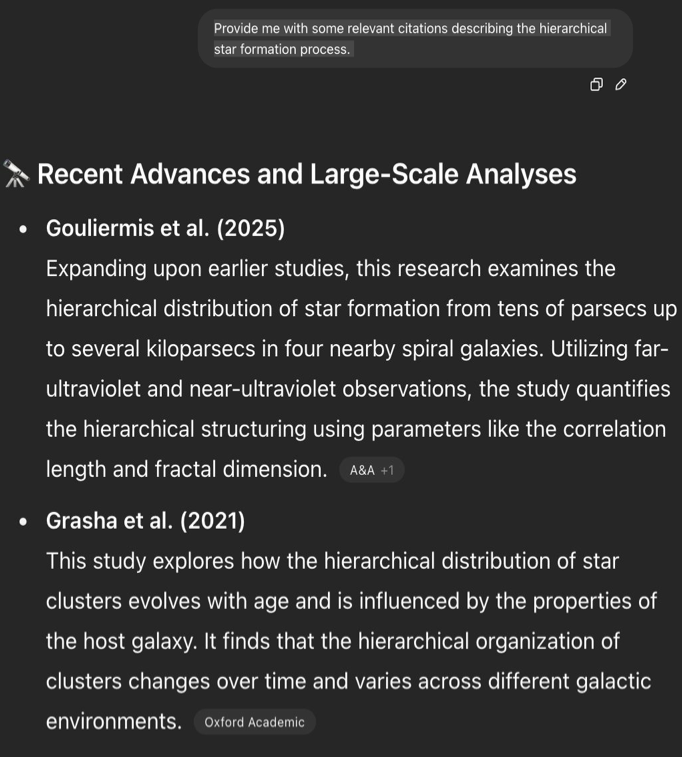 A prompt given to ChatGPT which says 'Provide me with citations regarding the hierarchical star formation process'. ChatGPT then gives two incorrect citations