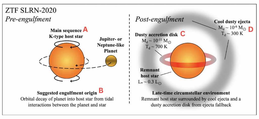 Image depicts what scientists believe caused the red nova ZTF SLRN-2020. The image is cut up into two different panels. The left panel shows the system of star and planet pre-engulfment, with the planet slowly spiraling inwards towards the star. The right panel depicts the system after the planet has been engulfed. The star has a ring of hot gas with a sphere of dust surrounding it. Important features have been labeled with red letters.