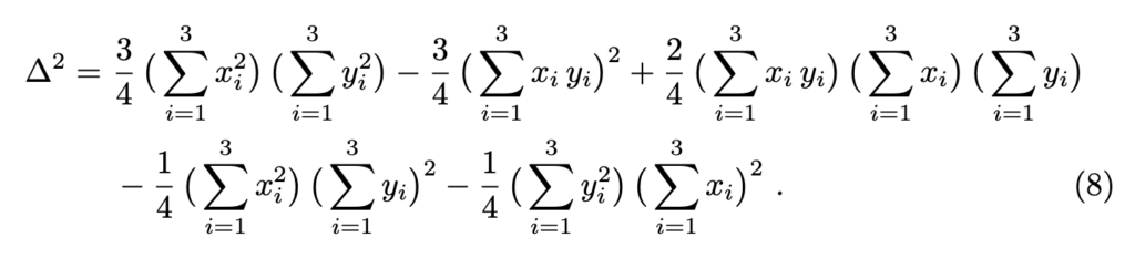 A ridiculously long mathematical formula for the area of a triangle.