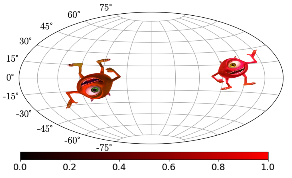 A map of the sky, showing two reddened images of Mike Wazowski from Monsters, Inc.