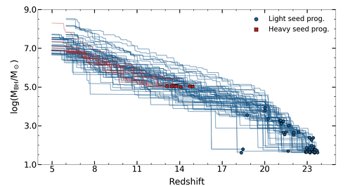 Lines showing the mass growth of different populations of simulated black holes over time.