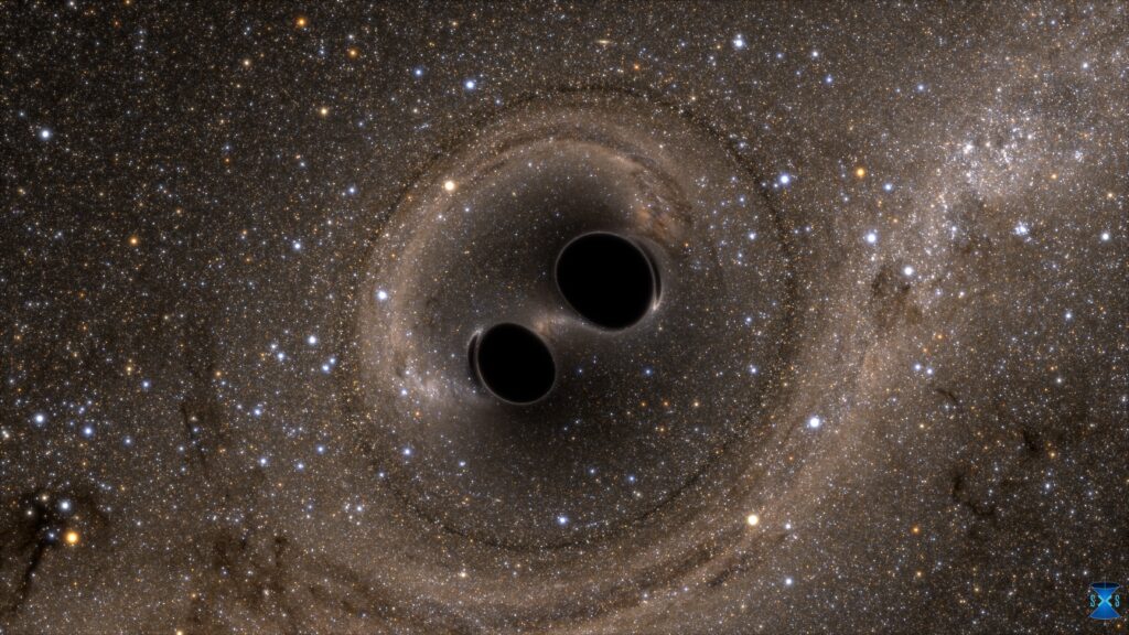 simulated image of a binary black hole merger