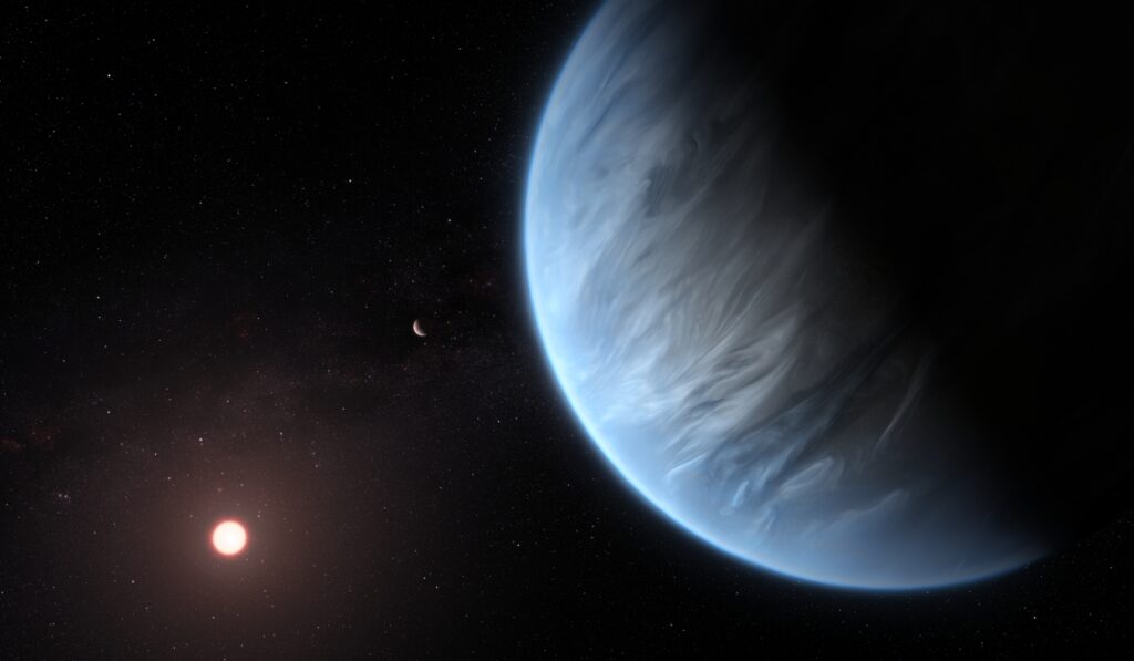 An image of an exoplanet with an exomoon orbiting its host star.