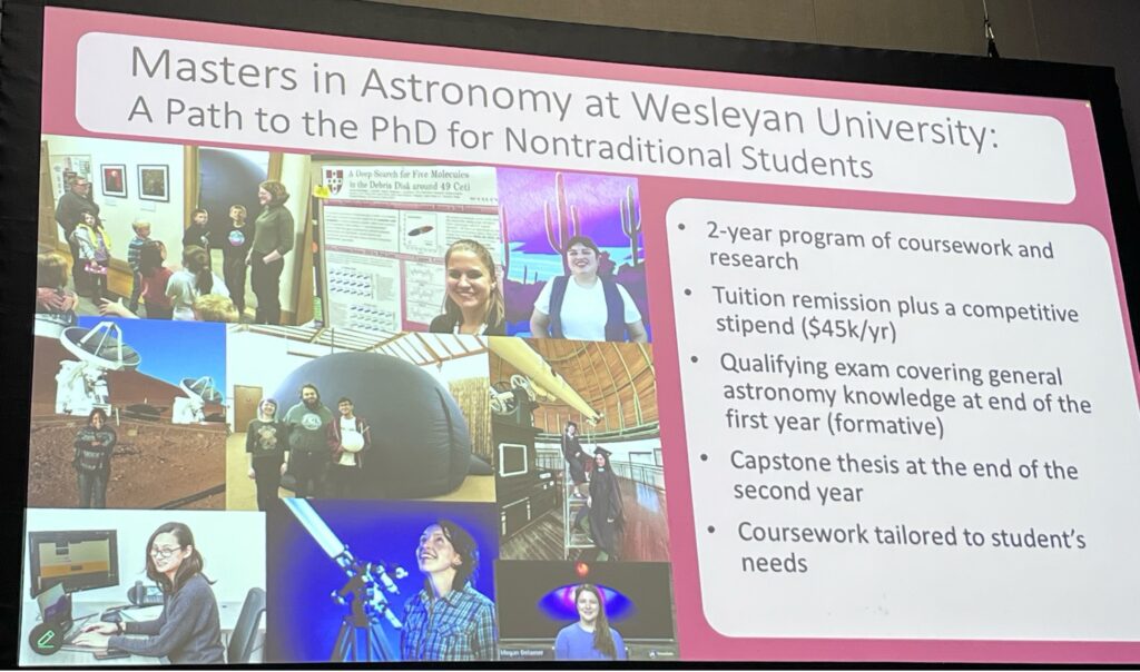 A slide from the talk by Meredith Hughes highlighting the benefits of attending Wesleyan University, and showing images of many students.