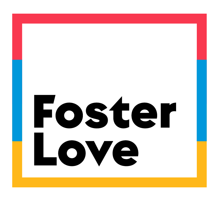 The logo for Foster Love. The words "Foster Love" sit inside a square outline in black text. The top part of the square is red, the middle is blue, and the bottom is yellow.