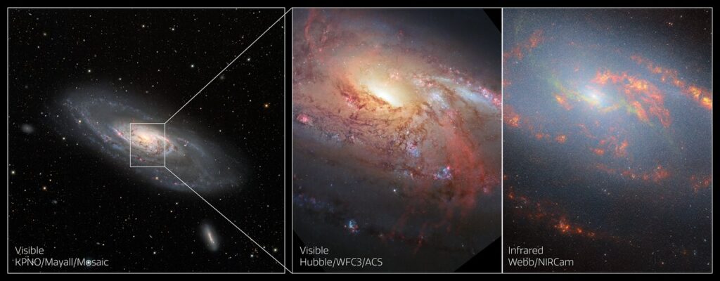 This collage features three views of Messier 106, also known as NGC 4258. The first two images show the target in visible light as seen by KPNO and the NASA/ESA Hubble Space Telescope. The image on the right is a new image from the NASA/ESA/CSA James Webb Space Telescope in the infrared.  This is a nearby spiral galaxy that resides roughly 23 million light-years away in the constellation Canes Venatici, practically a neighbour by cosmic standards. Messier 106 is one of the brightest and nearest spiral galaxies to our own and two supernovae have been observed in this galaxy in 1981 and 2014. You can learn more about the details of Webb’s new image here. [Image Description: A graphic with three images. The leftmost image shows a spiral galaxy in full on a dark background, seen in visible light by a ground-based telescope. A box over an area in the centre of the galaxy links by a pullout to the two right images. They both display this area larger and in more detail. The centre image shows it in visible light by the Hubble Space Telescope, the right in infrared light by the James Webb Space Telescope.]