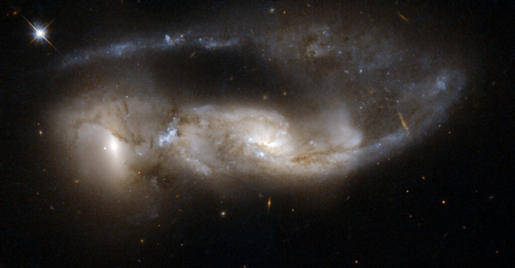 Full-color image of Arp 81, a galaxy undergoing a merger. The galaxy still has two distinct nuclei, indicating it is in an early merger stage, and a large tidal tail.