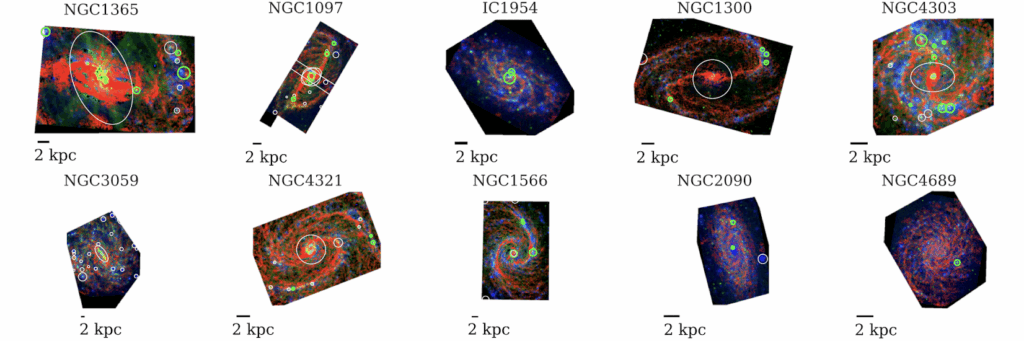 10 cutout images of spiral galaxies imaged in red, blue, and green. Small green circles and larger white circles are overlaid on areas where the galaxy is especially bright. 