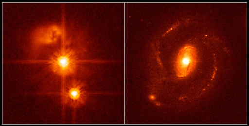 Two images of quasars. HE0450-2958 shows a quasar near a "blob", while HE1239-2426 clearly shows a quasar at the center of a spiral galaxy.