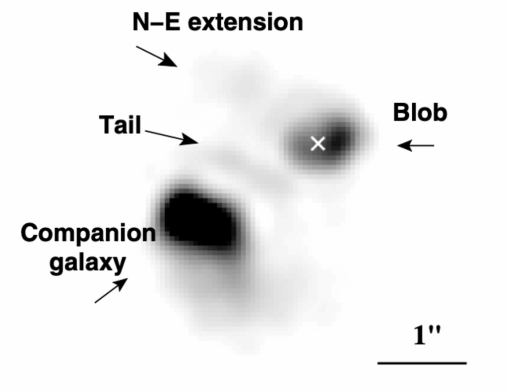 In this image, the quasar, "blob", N-E extension, a tail, and companion galaxy are labeled. The tail is a stringy region of emission between the blob and companion galaxy