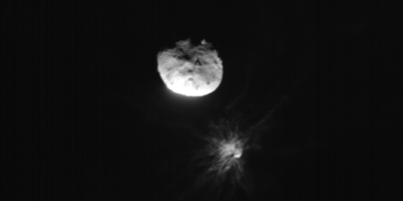 This image shows a plume of ejecta launched by DART colliding into Dimorphos.
