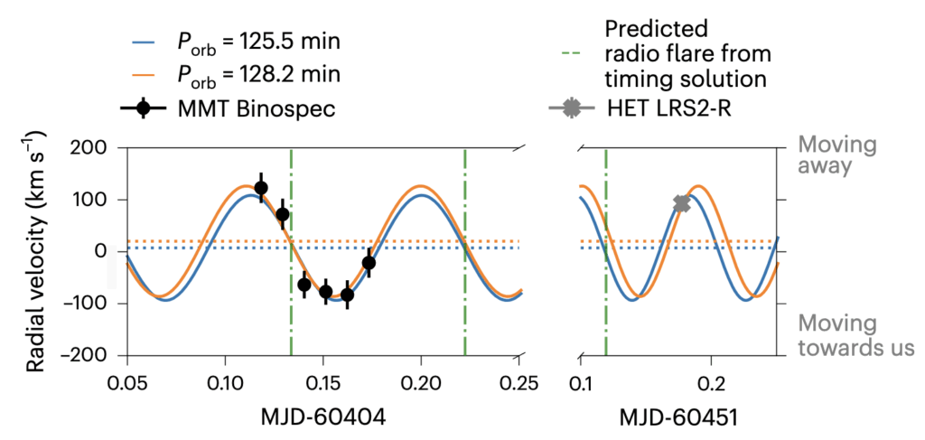 Observations of the radial velocity value inferred from six MMT Binospec observations and one HET LRS2-R observation are shown overplotted on the best-fitting sinusoidal radial velocity solution. The predicted radio flare is marked in time by a vertical line, indicating that the secondary M dwarf's switch from positive to negative RV (inferior conjunction) is the emission time of the radio pulse.
