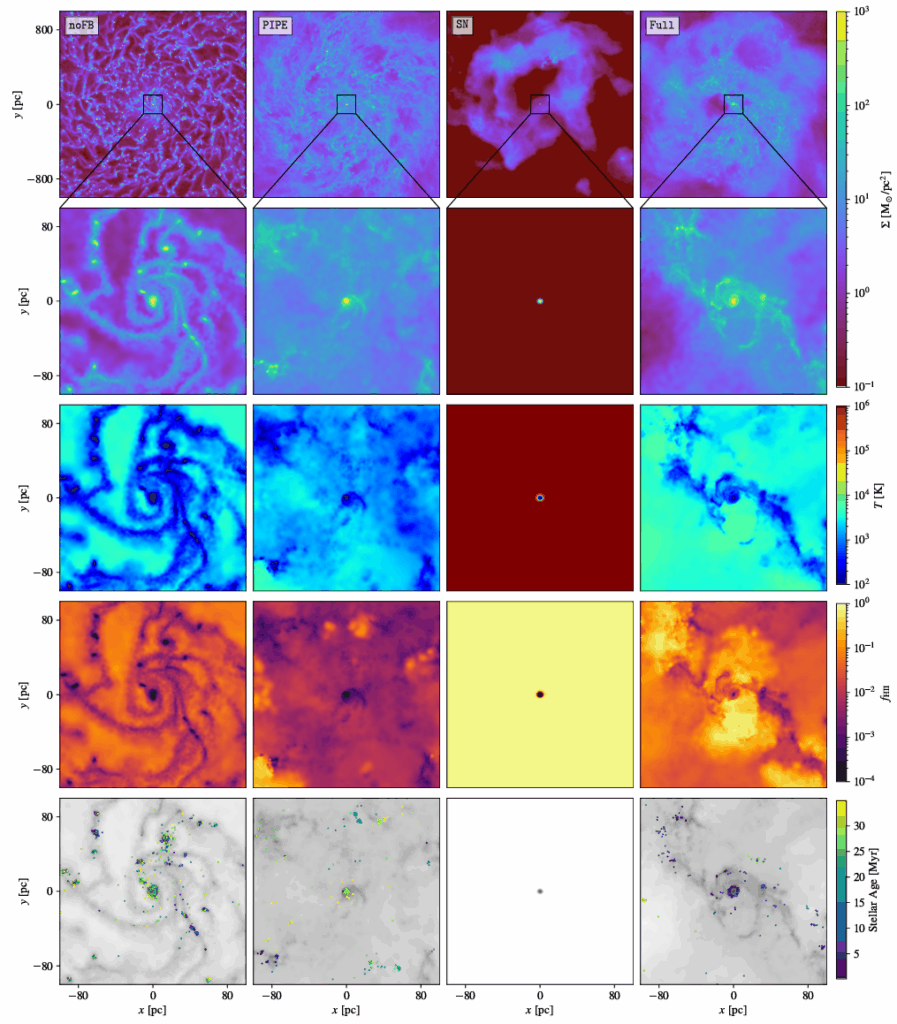 Visualizations of the gas density, temperature, ionized gas, and star formation in a dwarf galaxy simulated with different types of stellar feedback.