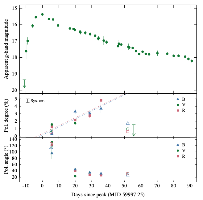 The polarization degree rises from 1% to 5% in the time from 5 to 35 days from the peak of the light curve. The polarization angle begins at 120 degrees and then quickly converges to approximately 40 degrees for the remainder of the observations. The final polarization-sensitive observation, taken 50 days after, did not detect any polarization, with a limit of less than 2 percent.
