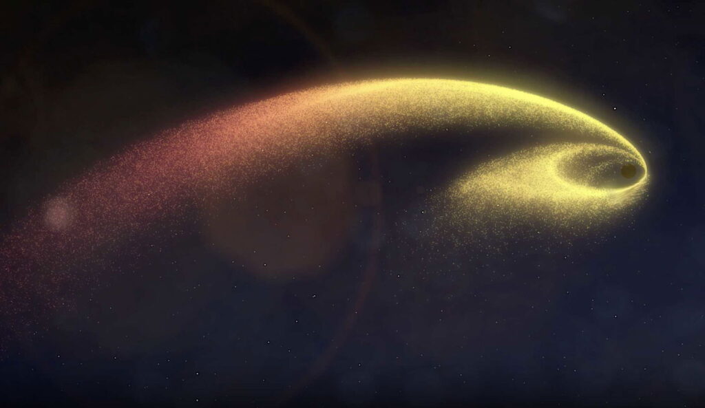 A basic sketch of accretion streams around a supermassive black hole. The SMBH is on the right and surrounded by an elliptical stream of material elongated to the left. A second, longer stream extends halfway along an ellipse to the left and becomes denser as it approaches the SMBH.