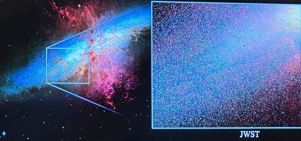 JWST image of the starburst galaxy M82 showing resolved stars in a dusty, crowded disk.