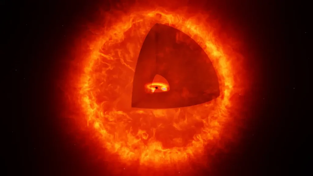 An artists rendition of a supermasssive balck hole at the center of a star.