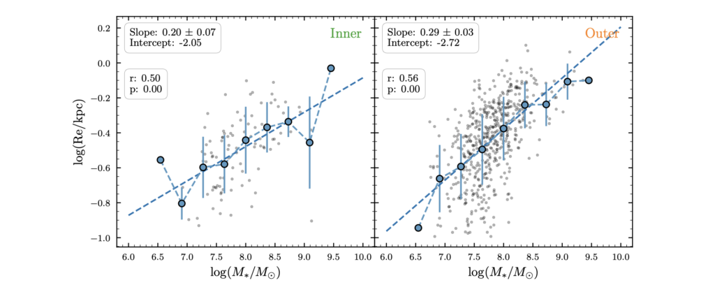 Two side-by-side scatter plots comparing clump size and clump mass for different galactocentric radii. The left panel (inner region) shows a shallower best-fit relation, while the right panel (outer region) shows a steeper relation. Error bars and binned points highlight that inner clumps are more compact for their mass than outer clumps.