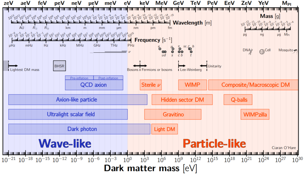 Diagram shows dark matter candidates and their masses on the x-axis. It's divided into two different colored areas of the graph based on wave-like or particle-like behavior of the dark matter candidate.