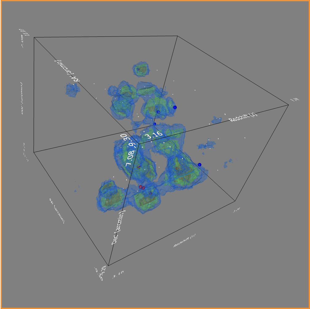 A 3D map of the density of matter in one of the protoclusters the authors found. High-density regions contain more quiescent galaxies, while star-forming galaxies are preferentially found in low-density regions of the protocluster. 