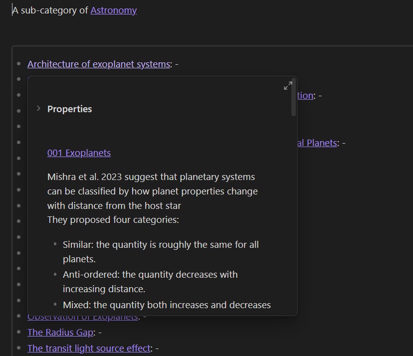 A key functionality of Obsidian is the linking of notes and mouse-over function to see notes.