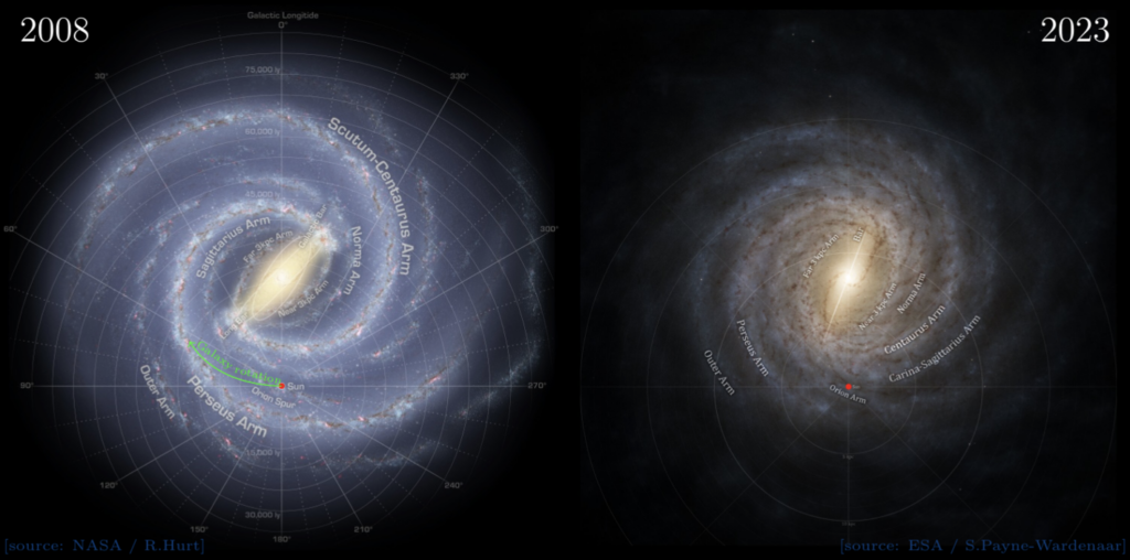 Two artist's impressions of the Milky Way as it might be seen face-on, one from 2008 and one from 2023. There are notable stylistic differences, in addition to differences in bar length and the number of spiral arms.