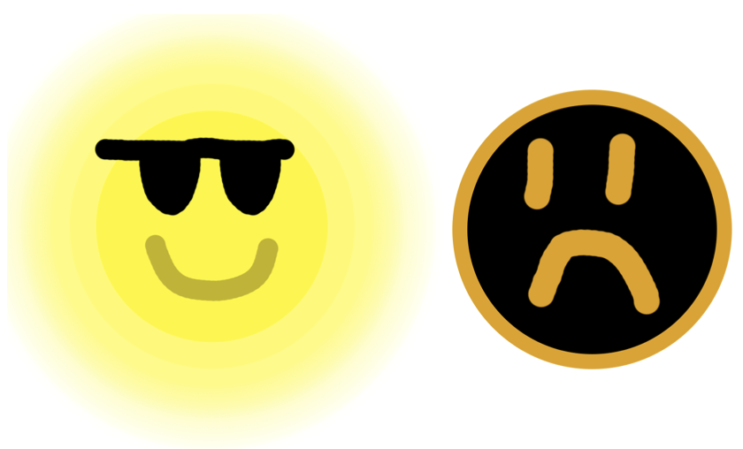 Left: the Sun, drawn as a yellow circle with sunglasses and a smiley face. Right: A black hole, drawn as a black circle with a frowny face. 