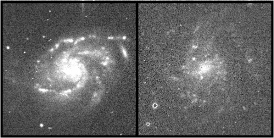 Side-by-side grayscale images of two spiral galaxies. The galaxy on the left, NGC 7757, appears bright and well-defined, with prominent spiral arms and luminous star-forming regions surrounding a bright central bulge. The galaxy on the right, UGC 1230, appears much fainter and more diffuse, with weaker spiral structure and lower overall brightness. Although both galaxies have similar physical sizes and are at comparable distances from Earth, the image highlights the contrast between a high surface brightness galaxy (left) and a low surface brightness galaxy (right). The right image has enhanced contrast, making the faint structure more visible.